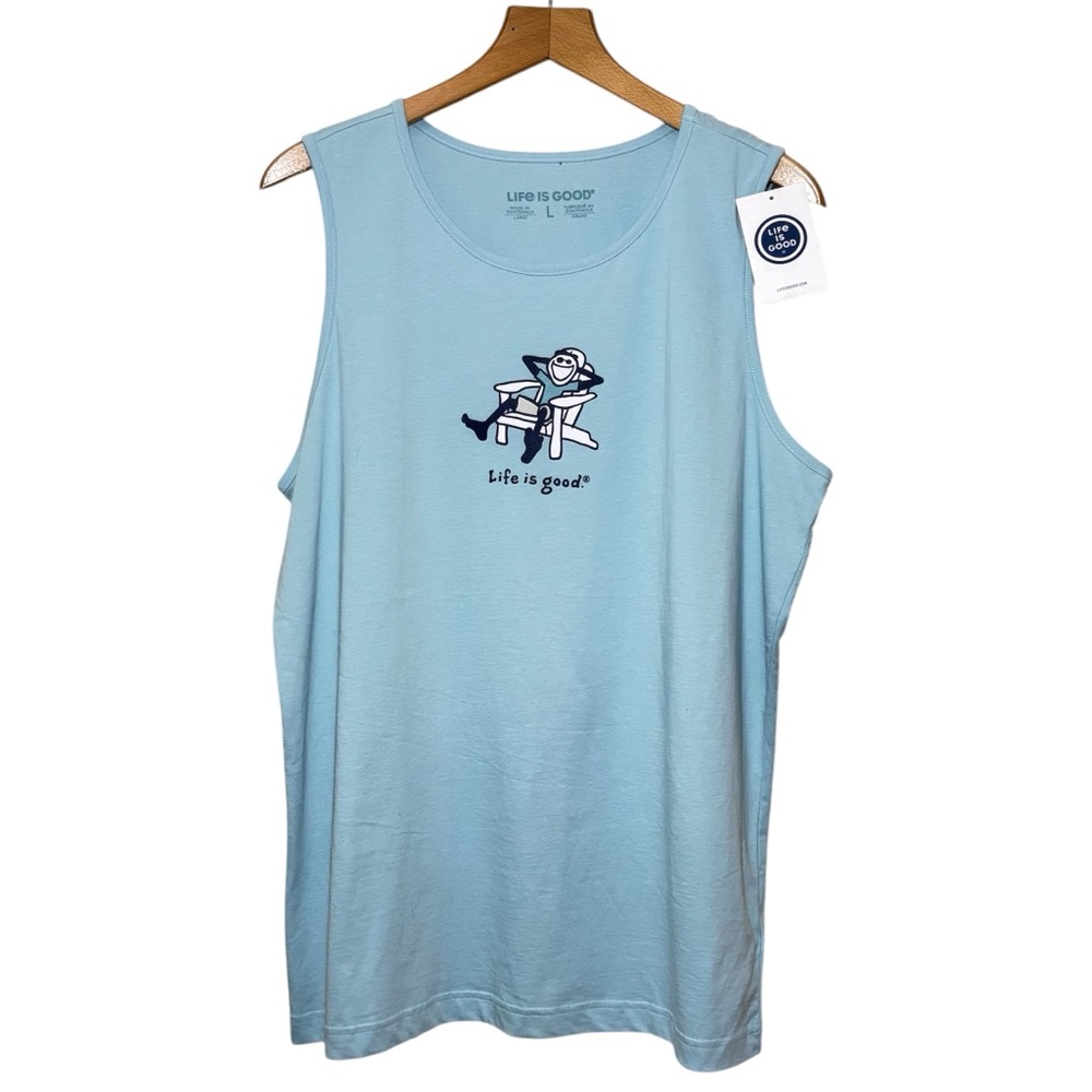 New Beach Blue Adirondack Jake Life is good 100% Cotton tank top. Men’s Large